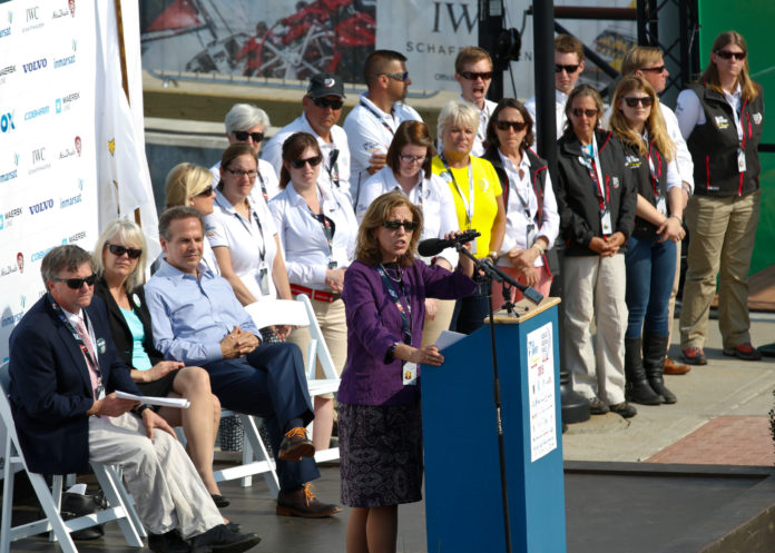 R.I. SENATE President M. Teresa Paiva Weed addresses the crowd at the opening ceremony for the Volvo Ocean Race Newport Race Village on Tuesday. The six boats in the race are expected to reach Newport Wednesday night. / COURTESY DAN NERNEY/SAIL NEWPORT/VOLVO OCEAN RACE