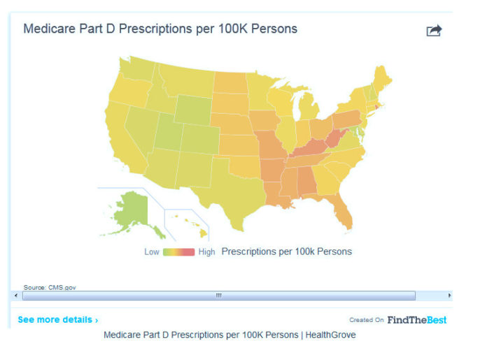 RHODE ISLAND ranked third in a list of the most prescription-addicted states in America, according to a study by Findthebest.com and healthgrove. / COURTESY FIND THE BEST/HEALTHGROVE