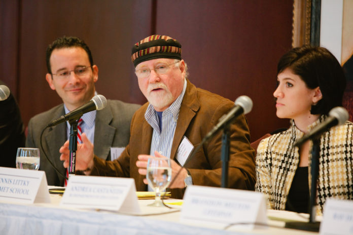 DENNIS LITTKY, middle, is seen at a 2012 panel discussion about education and employers that also featured Andrea Castaneda, head of the Accelerating School Performance at the R.I. Department of Education, and Steven Adams, a partner with Taylor Duane Barton & Gilman LLP. / PBN FILE PHOTO/RUPERT WHITELEY
