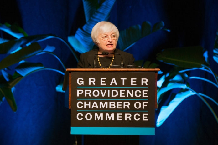 DURING HER SPEECH at the Economic Outlook Luncheon put on by the Greater Providence Chamber of Commerce, Federal Reserve Chair Janel L. Yellen reiterated concerns about the continuing slack in labor markets, including in Rhode Island. / BLOOMBERG NEWS FILE PHOTO/SCOTT EISEN