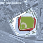 THE COLLECTION OF PROPERTIES that have been proposed as an alternative site for the Pawtucket Red Sox downtown baseball stadium, shown here in a schematic released in April by the owners of the properties, may be affected by the recent sale of the Tops Eletrical Supply block to 1145 Main Associates of Pawtucket. / COURTESY JAG INVESTMENT REALTY