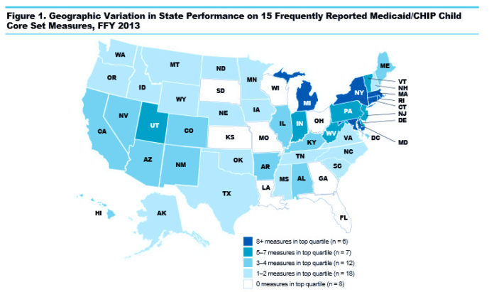 RHODE ISLAND OUTPERFORMED other states in 13 out of 15 measures related to children's health, according to a report from the Centers for Medicare and Medicaid Services. No other state achieved top quartile scores in more than nine measures. / COURTESY CENTERS FOR MEDICARE AND MEDICAID SERVICES