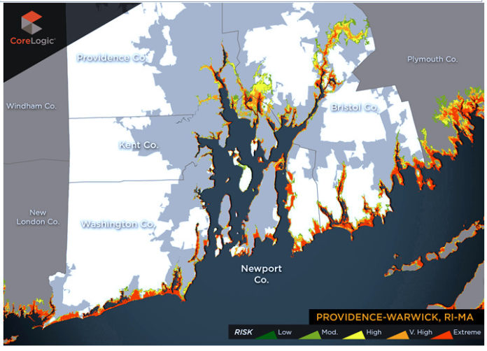 MORE THAN 41,000 homes valued at $11.9 billion are at risk for hurricane storm surges in the Providence-Fall River-Warwick metropolitan area, according to CoreLogic. / COURTESY CORELOGIC
