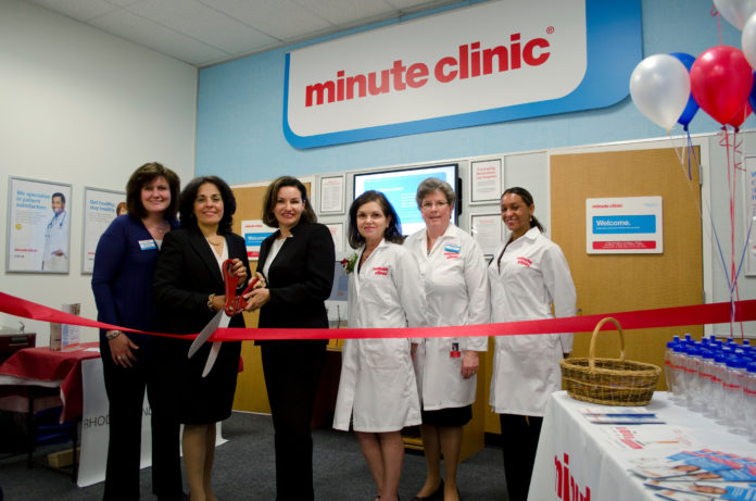 A RIBBON CUTTING was held at the first MinuteClinic in Providence on June 3. Pictured, from left to right, are MinuteClinic Area Director Anne Pohnert; Rhode Island Free Clinic CEO Marie Ghazal; MinuteClinic Chief Nursing Officer Angela Patterson; MinuteClinic Nurse Practitioner Deborah Thomas; MinuteClinic Nurse Practitioner Susan Curran; and MinuteClinic State Practice Manager Brittany Silva. / COURTESY CVS HEALTH CORP.