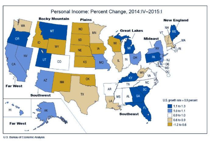 STATE PERSONAL income rose 0.9 percent on average in the first quarter, and increased in 46 states, including Rhode Island, according to the U.S. Bureau of Economic Analysis. / COURTESY U.S. BUREAU OF ECONOMIC ANALYSIS