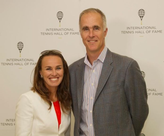 MARTINA HINGIS has been named Global Ambassador for the International Tennis Hall of Fame. She is shown with the Hall of Fame's CEO, Todd Martin. / COURTESY INTERNATIONAL TENNIS HALL OF FAME