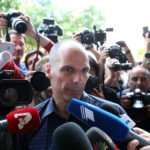Greek contagion across markets muted as crisis seen quarantined YANIS VAROUFAKIS, Greece's outgoing finance minister, speaks to the media as he exits the finance ministry following his resignation in Athens on Monday. European stocks dropped, and the euro weakened as Greek voters' rejection of austerity sent investors to the relative safety of Treasuries, German bunds and the yen. / BLOOMBERG NEWS PHOTO/CHRIS RATCLIFFE