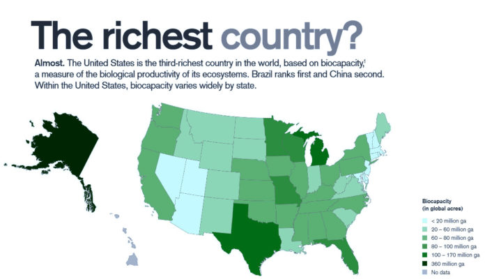 THE GLOBAL FOOTPRINT NETWORK measured the biocapacity of the states in its latest report. Rhode Island, along with Arizona and Delaware, had the least biocapacity. / COURTESY GLOBAL FOOTPRINT NETWORK