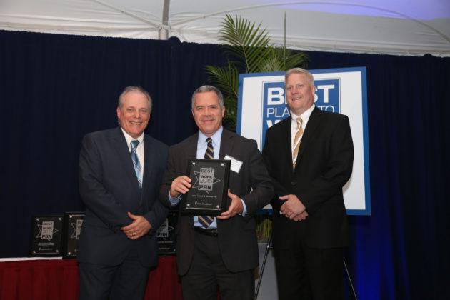 Bob Brooks, Adler Pollock &amp; Sheehan accepts his award from Mark Murphy, PBN and Stephen Farrell, UnitedHealthcare / Photography by Casey