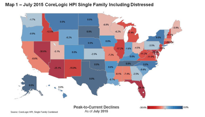 HOME PRICES, including distressed sales, increased 4.6 percent year over year in July in the Providence-Warwick metropolitan area, according to CoreLogic. / COURTESY CORELOGIC