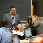 Invested in success of UMass law school UMass Law Professor Jeremiah Ho, who teaches the course Contracts, Products Liability, and Remedies, engages with students during a class last academic year. / COURTESY UMASS DARTMOUTH PHOTOGRAPHICS