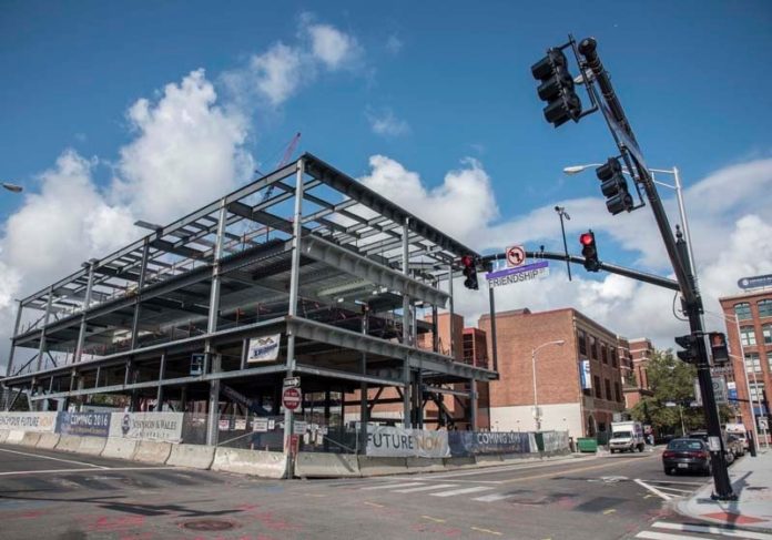 THIS $40 million academic building  at Friendship and Clifford streets in Providence for Johnson & Wales University is slated for completion in July. Construction began in the spring. Construction employment fell 0.4 percent in August compared with August 2014, according to Associated General Contractors of America.
 / PBN FILE PHOTO/ MICHAEL SALERNO