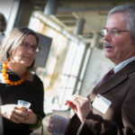 THE RHODE Island Foundation has begun taking applications for its 2016 innovation fellowships. This year's recipients, the husband and wife team of Daniel Kamil and Emily Steffian, and John Haley, talk after the announcement of their $300,000 grants last April. Haley is on the right. / COURTESY RHODE ISLAND FOUNDATION/CONNIE GROSCH
