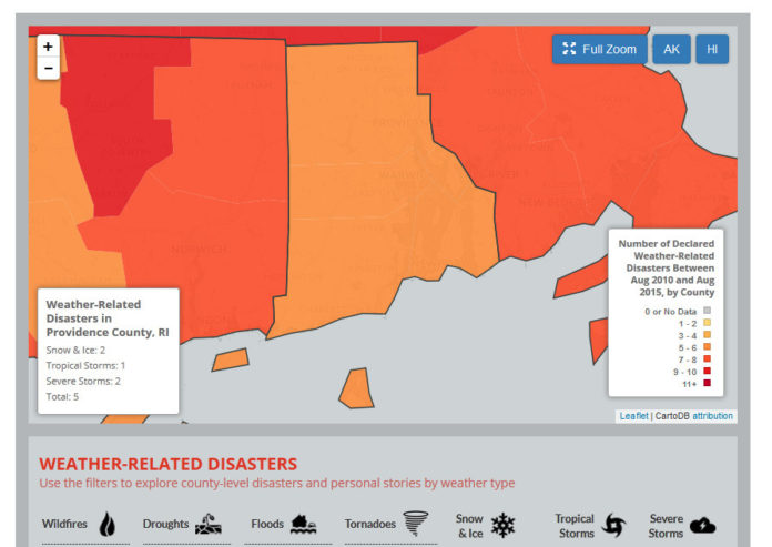 ENVIRONMENT RHODE ISLAND RESEARCH & POLICY Center created a map showing that every county in Rhode Island has been affected by a weather-related disaster in the last five years. / COURTESY ENVIRONMENT RHODE ISLAND RESEARCH & POLICY CENTER