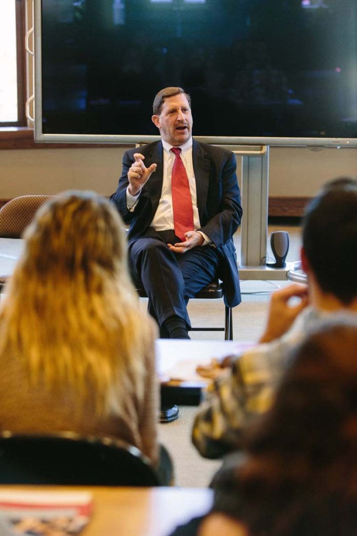 WORDS MATTER: Rhode Island Foundation President and CEO Neil D. Steinberg speaks to a Johnson & Wales University class on fundraising and philanthropy, potentially inspiring the next generation of donors and advocates. / PBN PHOTO/RUPERT WHITELEY