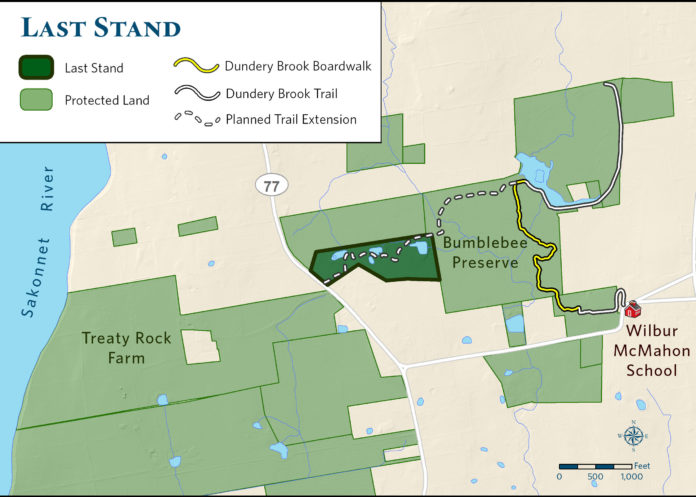 An 18-acre parcel stretching from West Main Road to Dundery Brook has been permanently protected, expanding the Bumblebee Preserve, according to The Nature Conservancy. It is known as the 