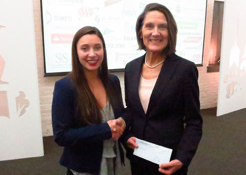 CARA NUNEZ, on left, winner of the 10th annual Elevator Pitch Contest sponsored by the Rhode Island Business Plan Competition for her proposal to create a wearable eye tracker to control a robotic arm, is shown with Rhode Island Business Plan Competition Co-chair Peggy Farrell. / COURTESY RHODE ISLAND BUSINESS PLAN COMPETITION