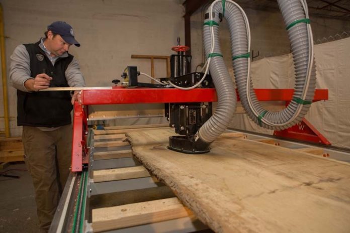 FILLING A NICHE: Newport Nautical Timbers President Mike duPont operates a sawmill at his company, which produces air-dried timber used for boat building and furniture. / PBN PHOTO/KATE WHITNEY LUCEY