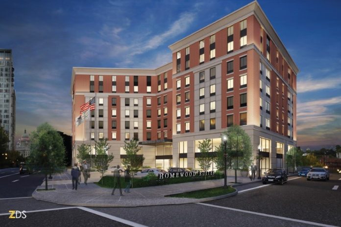 A 120-ROOM, $20 MILLION extended-stay hotel, to be developed under the Homewood Suites by Hilton brand by First Bristol Corp., has been approved by the Capital Center Commission. / COURTESY ZDS ARCHITECTURAL DESIGN SERVICES