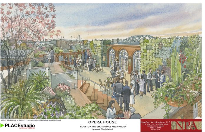 This rendering shows the rooftop garden planned for the Newport Opera House Theater and Performing Arts Center. / COURTESY NEWPORT ARCHITECTURE LLC