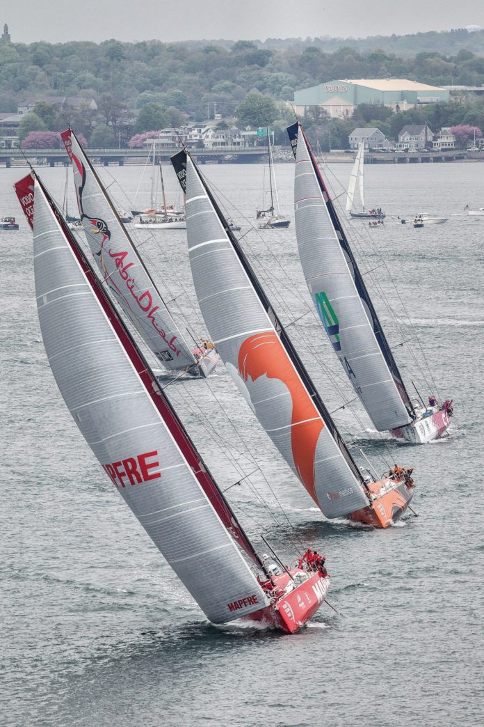 FOUR TEAMS FROM THE most-recent Volvo Ocean Race sail through Newport harbor during the race's May 2015 stop in Rhode Island. The event is slated to return to Newport in May 2018. / COURTESY VOLVO OCEAN RACE/CARMEN HIDALGO