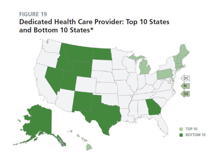 RHODE ISLAND RANKED AMONG THE top 10 states for having a dedicated health provider in the United Health Foundation's spotlight report on preventative health care. It ranked fourth. / COURTESY UNITED HEALTH FOUNDATION