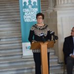 Deborah DeBare, executive director of the Rhode Island Coalition Against Domestic Violence, speaks at the organization’s press conference at the Statehouse late last month. / COURTESY KRISTA D’AMICO