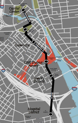 THE 1.4-mile route for the enhanced bus service in downtown Providence, which will connect the Rhode Island Hospital area, the Interstate 195 district and Providence station, is shown. / COURTESY MAYOR'S OFFICE