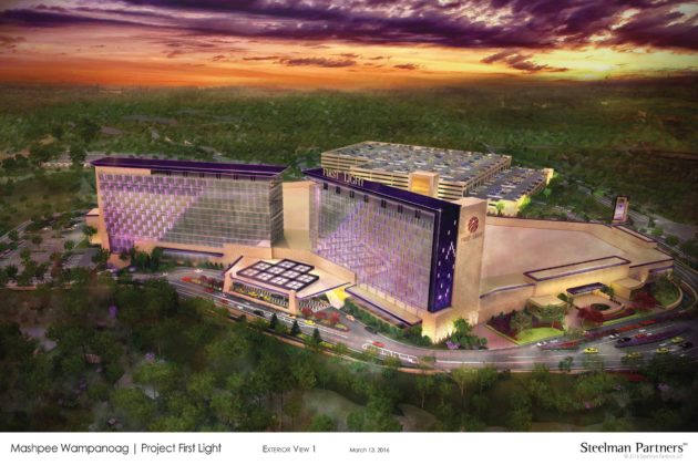 AN ARCHITECTURAL RENDERING of the proposed First Light Resort &amp; Casino in Taunton shows two of the planned three 15-story hotels that will anchor the property. Site work is scheduled to begin in April. / COURTESY MASHPEE WAMPANOAG INDIAN TRIBE