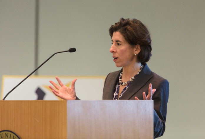 GOV. GINA M. RAIMONDO emphasizes the importance of advanced manufacturing to the state's economic health to attendees at PBN's third Manufacturing Awards event, held Tuesday at Bryant University in Smithfield. / PBN PHOTO/RUPERT WHITELEY