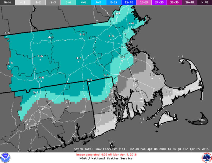 THE NATIONAL WEATHER SERVICE said Monday's storm could bring as little as one inch of snow to the coast and as much as 6 inches to northwestern Rhode Island. / COURTESY NATIONAL WEATHER SERVICE
