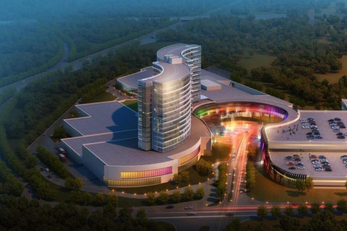 AN ARCHITECTURAL RENDERING of the proposed First Light Resort & Casino in Taunton shows two of the planned three 15-story hotels that will anchor the property. Site work began Tuesday. / COURTESY MASHPEE WAMPANOAG INDIAN TRIBE