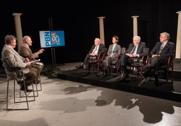 IN AN UNPRECEDENTED gathering, four of Rhode Island's six living governors met and discussed economic development with PBN Editor Mark S. Murphy and WJAR-TV NBC 10 Anchor Frank Coletta Tuesday as part of PBN's 30th anniversary programming. The governors are, from left, Edward D. DiPrete, Gina M. Raimondo, Lincoln C. Almond and Donald L. Carcieri. / PBN PHOTO/MICHAEL SALERNO