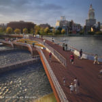 THE R.I. DEPARTMENT OF TRANSPORTATION has moved up the schedule for starting work on the proposed pedestrian bridge connecting the east and west sides of the Providence River in the city using the former piers of Interstate 195. If the schedule is adhered to, the bridge would open in early 2018. / COURTESY INFORM STUDIO