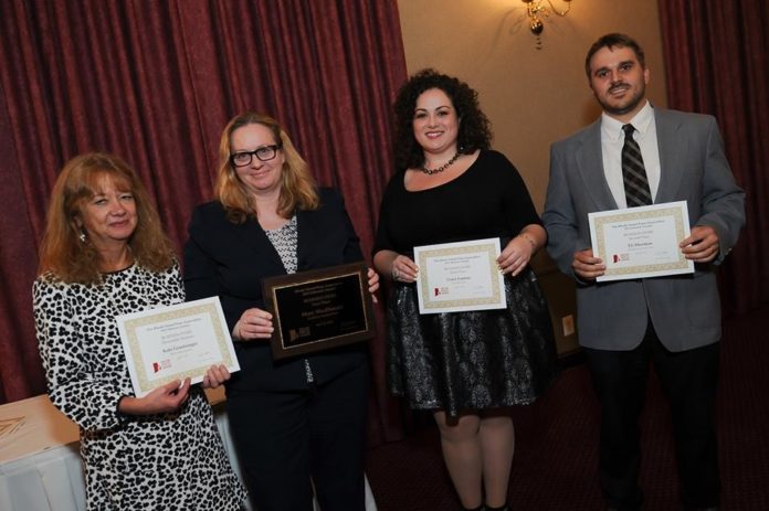 TAKING THE TOP TWO PLACES in the Business Story category in the Rhode Island Press Association's annual editorial contest were PBN's Mary MacDonald, second from left, and Eli Sherman, far right. Also shown are Sarah Francis, left, editor of Rhode Island Monthly, which won honorable mention in the category, and Julie Tremaine, creative director for SO Rhode Island, which took third place in the category. / COURTESY PAUL J. SPETRINI, RHODE ISLAND PRESS ASSOCIATION