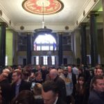 MORE THAN 150 PEOPLE packed the inside of the so-called Superman building on Westminster Street on Thursday. Labor and community leaders held a press conference to talk about the redevelopment of the building, which has been vacant for about three years. / PBN PHOTO/ELI SHERMAN
