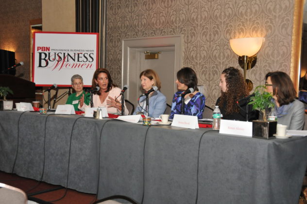 LESLIE TAITO, second from left, senior vice president corporate operations for Hope Global, makes a point during the panel discussion about women in the workplace held as part of PBN's 2016 Business Women Awards &amp; Leadership Summit, held Thursday at the Providence Marriott. / PBN PHOTO/MIKE SKORSKI