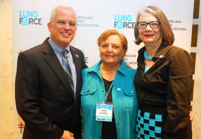 JUTTA BECKER, center, is one of the American Lung Association's LUNG FORCE heroes. She is shown with American Lung Association of the Northeast CEO Jeff Seyler and American Lung Association National Board Chair Kate Forbes. / COURTESY AMERICAN LUNG ASSOCIATION