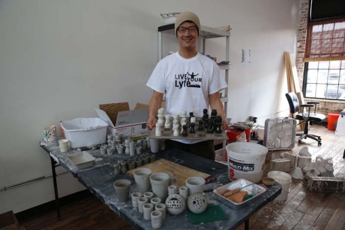 CATERING TO CONSUMERS: Yongjae Kim, a 2015 RISD graduate and founder of Sharemelon, shows off some of his industrial design creations, which include ceramic tableware, in his Providence studio. / COURTESY YOUNGJAE KIM, SHAREMELON