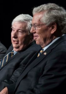 THE NEED FOR PERSPECTIVE: Former Gov. Lincoln C. Almond, left, says that Rhode Island legislators do not make decisions with the long-term interests of the state in mind, as former Gov. Donald L. Carcieri listens in.