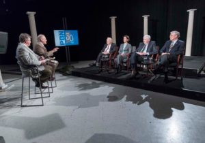 AN HISTORIC MEETING: From their unique perspective, four of Rhode Island's six living governors hashed out a number of issues in a roundtable discussion moderated by WJAR-TV Anchor Frank Coletta, left, and PBN Editor Mark S. Murphy.