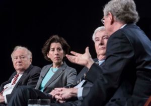 TOO GENEROUS: Former Gov. Donald L. Carcieri, back to camera, says that state worker pensions were reformed because they were "too generous." Listening are, from left, former Gov. Edward D. DiPrete, Gov. Gina M. Raimondo and former Gov. Lincoln C. Almond.