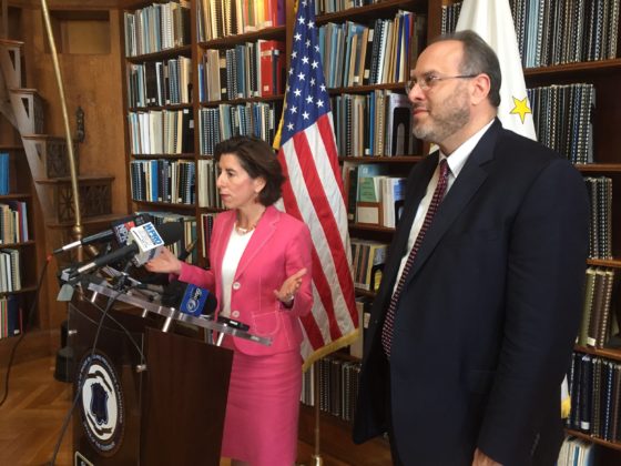 GOV. GINA M. Raimondo and R.I. Commerce Secretary Stefan Pryor talk at a press conference on Thursday about General Electric Co.'s plan to open a GE Digital information technology center in the city. / PBN PHOTO/ELI SHERMAN