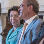 GOV. GINA M. Raimondo and Jeffrey S. Bornstein, GE chief financial officer, are shown at a press conference earlier this month about General Electric Co.'s plans to open a new technology center in Providence; it plans to employ 100 individuals to start. / PBN FILE PHOTO/ MICHAEL SALERNO