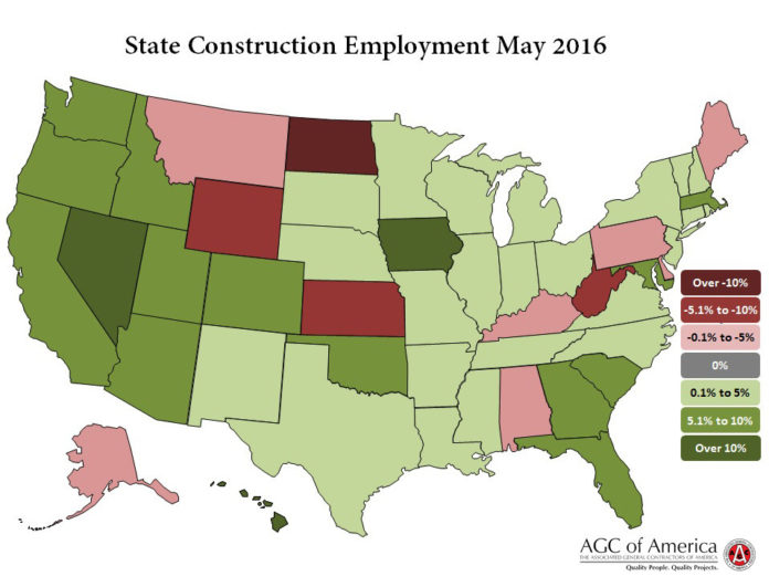 RHODE ISLAND RANKED 17th in the nation for its construction job growth over the year in May, according to the Associated General Contractors of America. / COURTESY ASSOCIATED GENERAL CONTRACTORS OF AMERICA