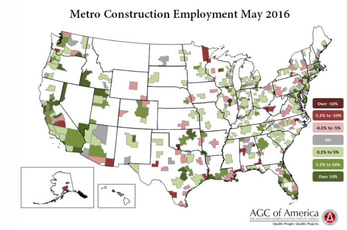 THE PROVIDENCE-WARWICK-FALL RIVER metropolitan area ranked 187th out of 358 metro areas in the U.S. for its 2 percent construction job growth over the year in May, according to the Associated General Contractors of America. / COURTESY ASSOCIATED GENERAL CONTRACTORS OF AMERICA