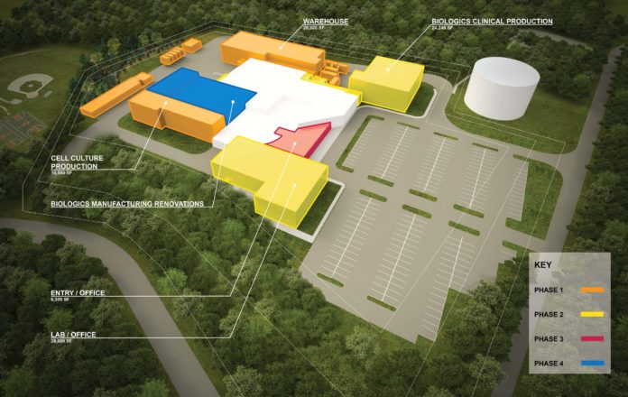 ALEXION Pharmaceuticals Inc. in Smithfield hosted a groundbreaking ceremony on Monday for an expansion that is expected to double the size of its plant over the next five years. The project is expected to cost $200 million. Pictured are the different phases of the project. / COURTESY ALEXION PHARMACEUTICALS INC.