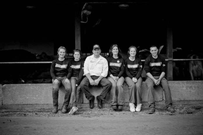 THE LAPRISE FAMILY, from left to right, Alex, Maggie, Scooter, Cynthia, Elizabeth and Matt. Owned by Scooter and Cynthia LaPrise,  EMMA Acres in Exeter has been named Rhode Island’s 2016 Outstanding Dairy Farm. The farm is named after the couple’s four children (Elizabeth, Matthew, Maggie, and Alexandra). / COURTESY EMMA ACRES