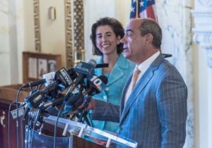 BOOST TO TECH: Gov. Gina M. Raimondo and Jeffrey S. Bornstein, senior vice president and chief financial officer for General Electric Co., are seen at the Statehouse following GE's announcement that it would locate at least 100 jobs in Providence. / PBN PHOTO/ MICHAEL SALERNO