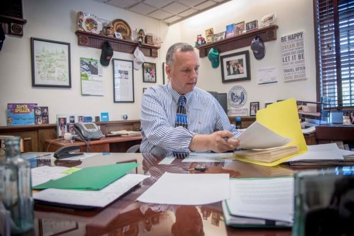 NEW  INITIATIVE: Pawtucket Mayor Donald R. Grebien is seen in his office. The city has a new program that allows it to identify and petition the court to place qualifying blighted properties into receivership so they can be rehabilitated. / PBN PHOTO/ MICHAEL SALERNO